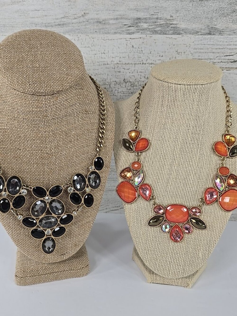 Lot of 2 Statement Necklaces Black Orange Pink Crystal Gold Tone Fashion Jewelry